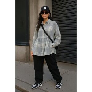 American Eagle Tiered Plaid Flannel Shirt Size XS Oversized Outdoors Gorpcore